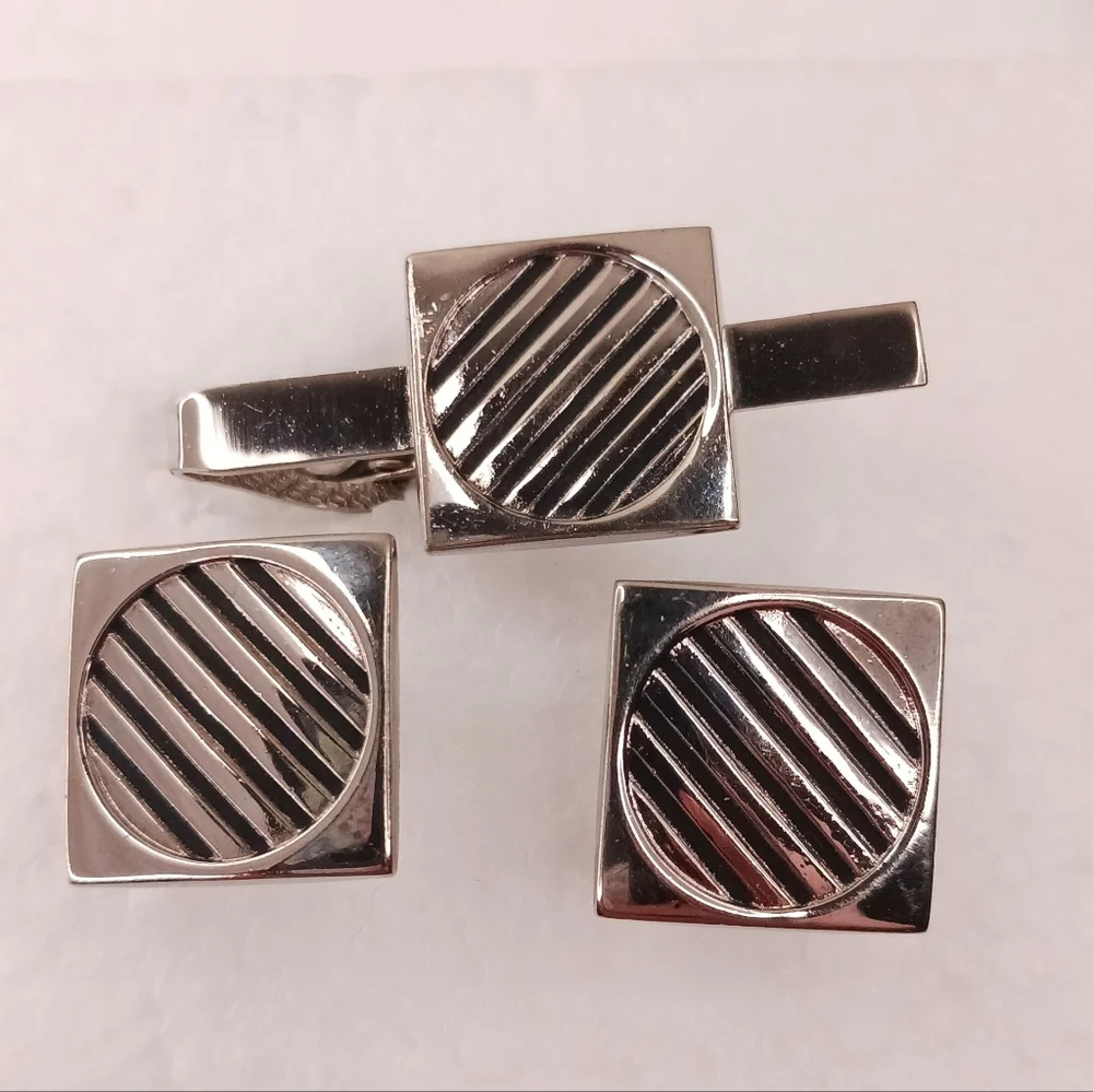Tie Clip Bar, Cufflinks, Silver Black Vintage Space Age Graphics Classic Atomic